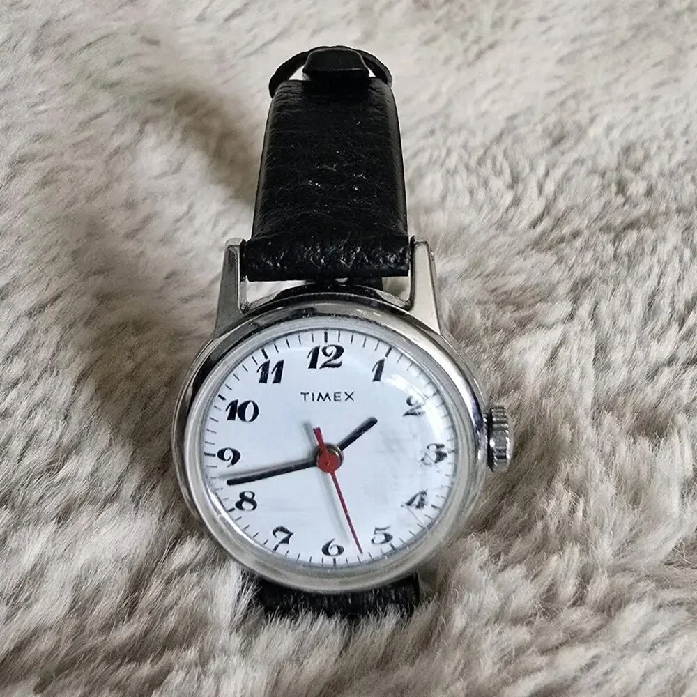 Vintage Timex Women's Wristwatch White Dial Black Leather Band Working